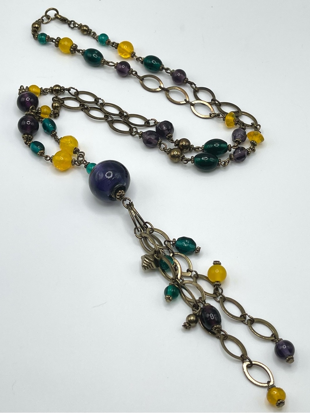 🌑Mardi Gras Purple Yellow Green Glass Beaded Necklace🌑